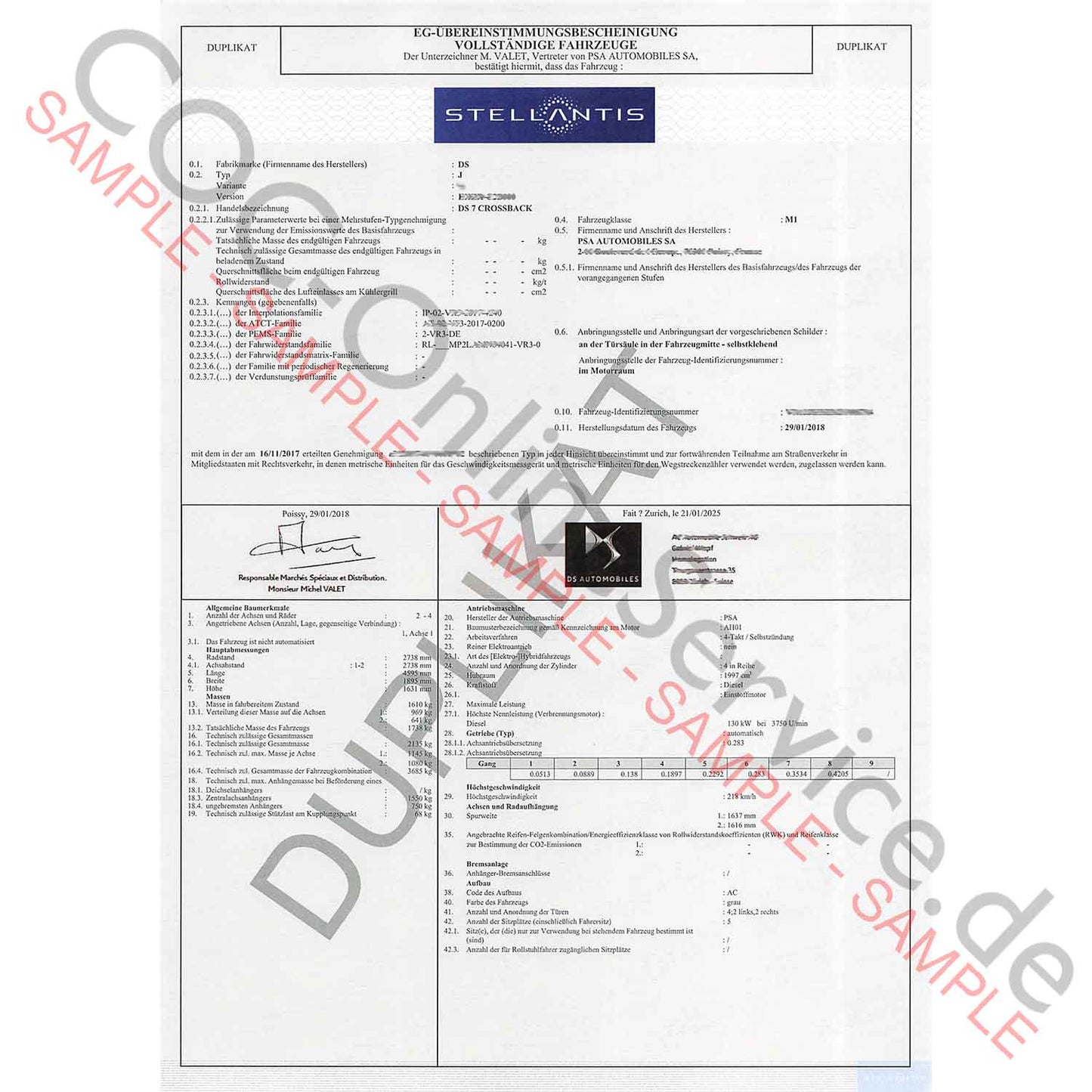 COC-papieren voor DS Automobiles (certificaat van overeenstemming)