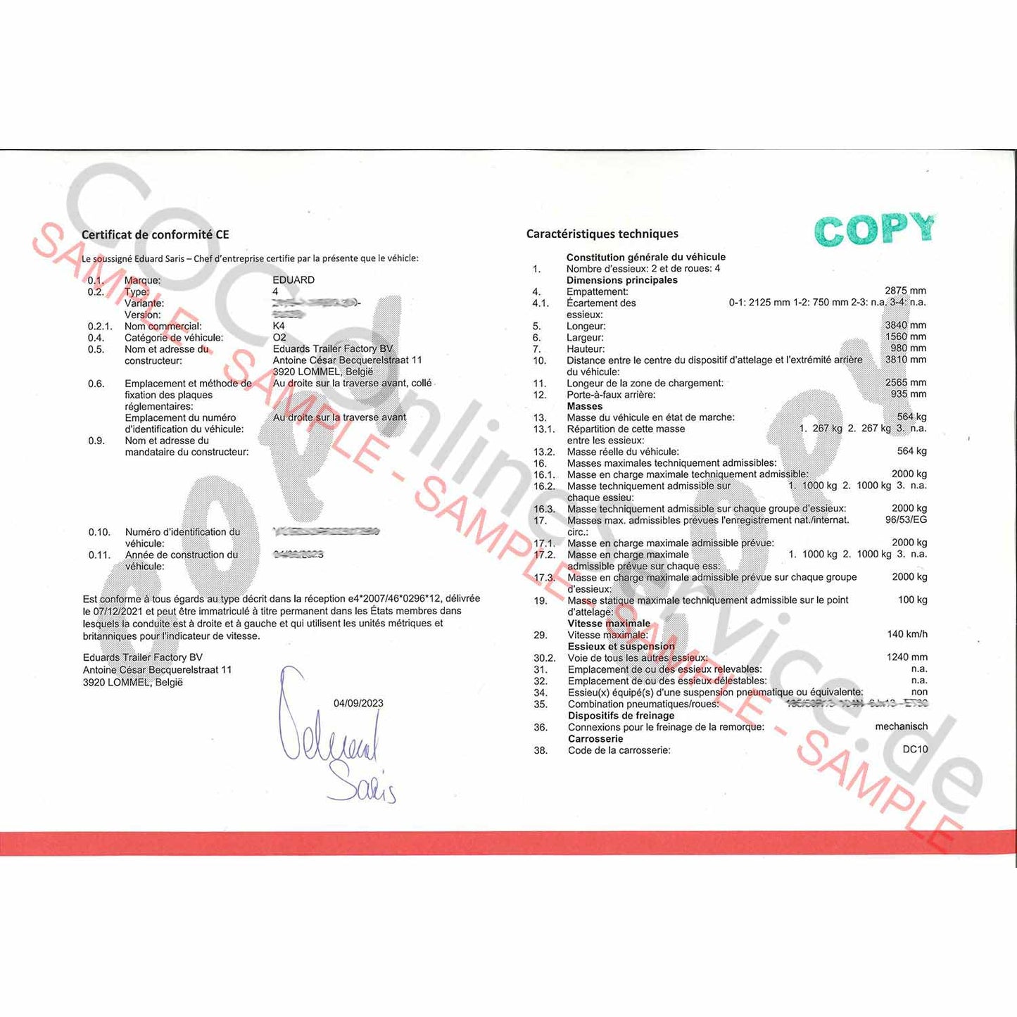 COC for Eduards Trailer Factory BV
