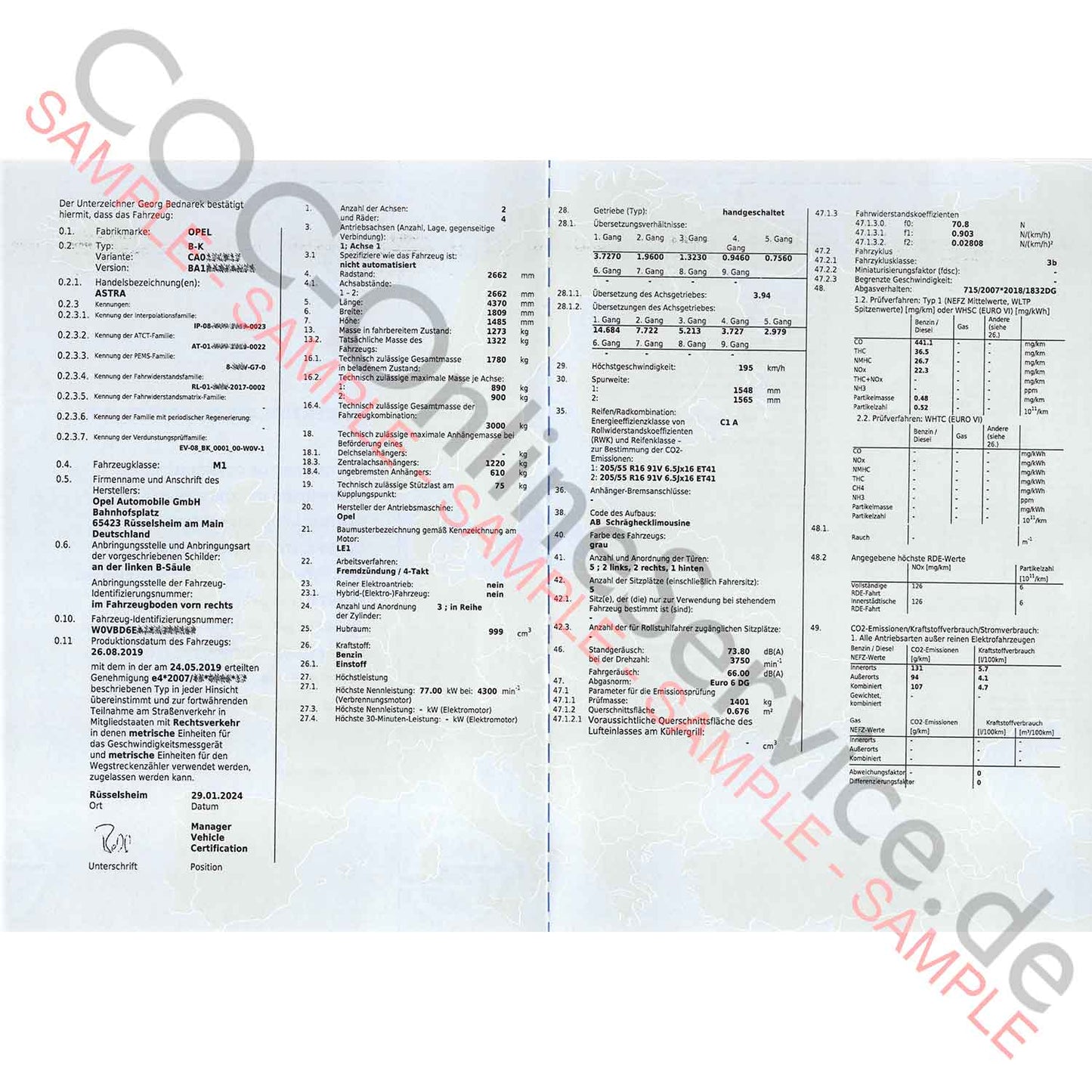 Papéis COC para Opel (Certificado de Conformidade)