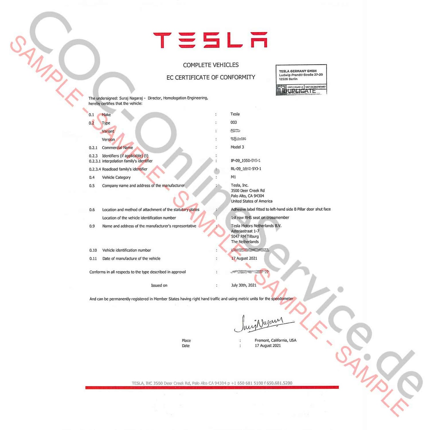 COC-papieren voor Tesla (Certificaat van Overeenstemming)