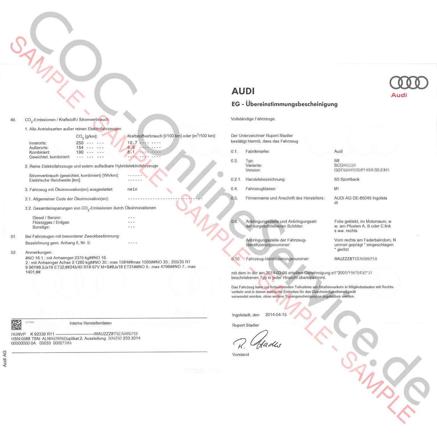 COC-papieren voor Audi (certificaat van overeenstemming)