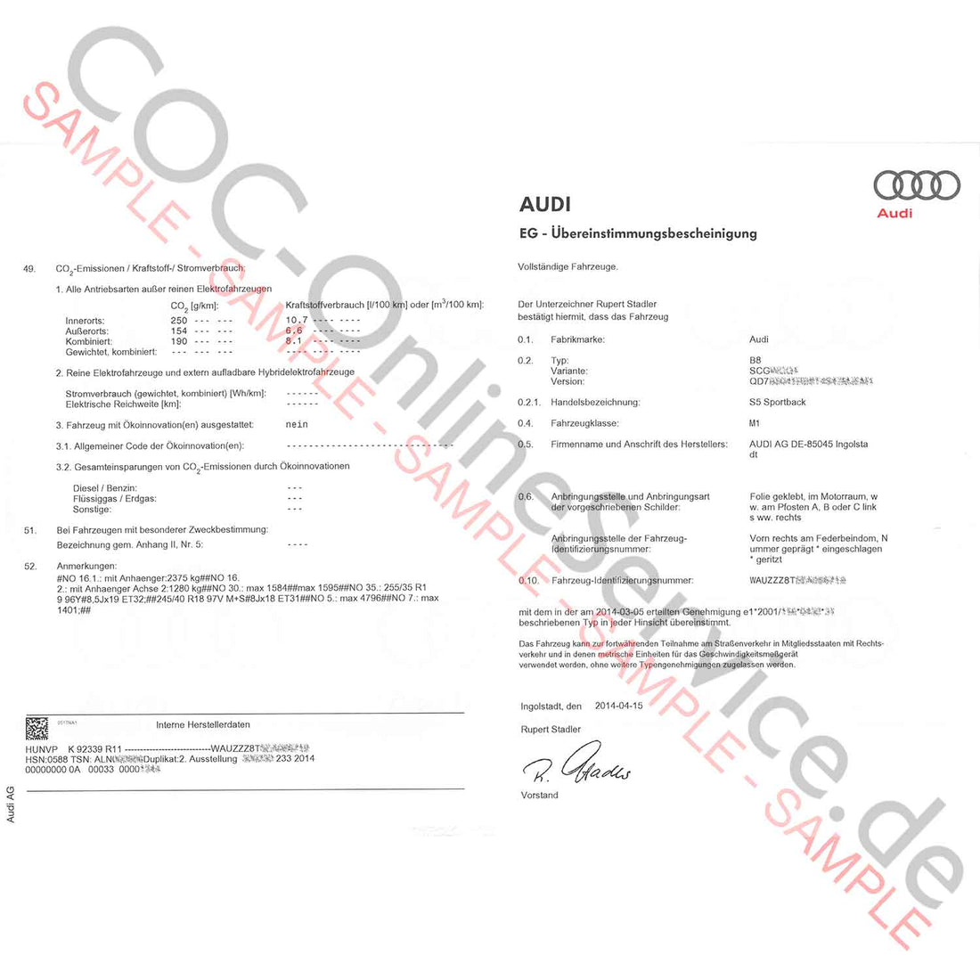 COC paper for Audi €€149,00 – COC-OnlineService.de