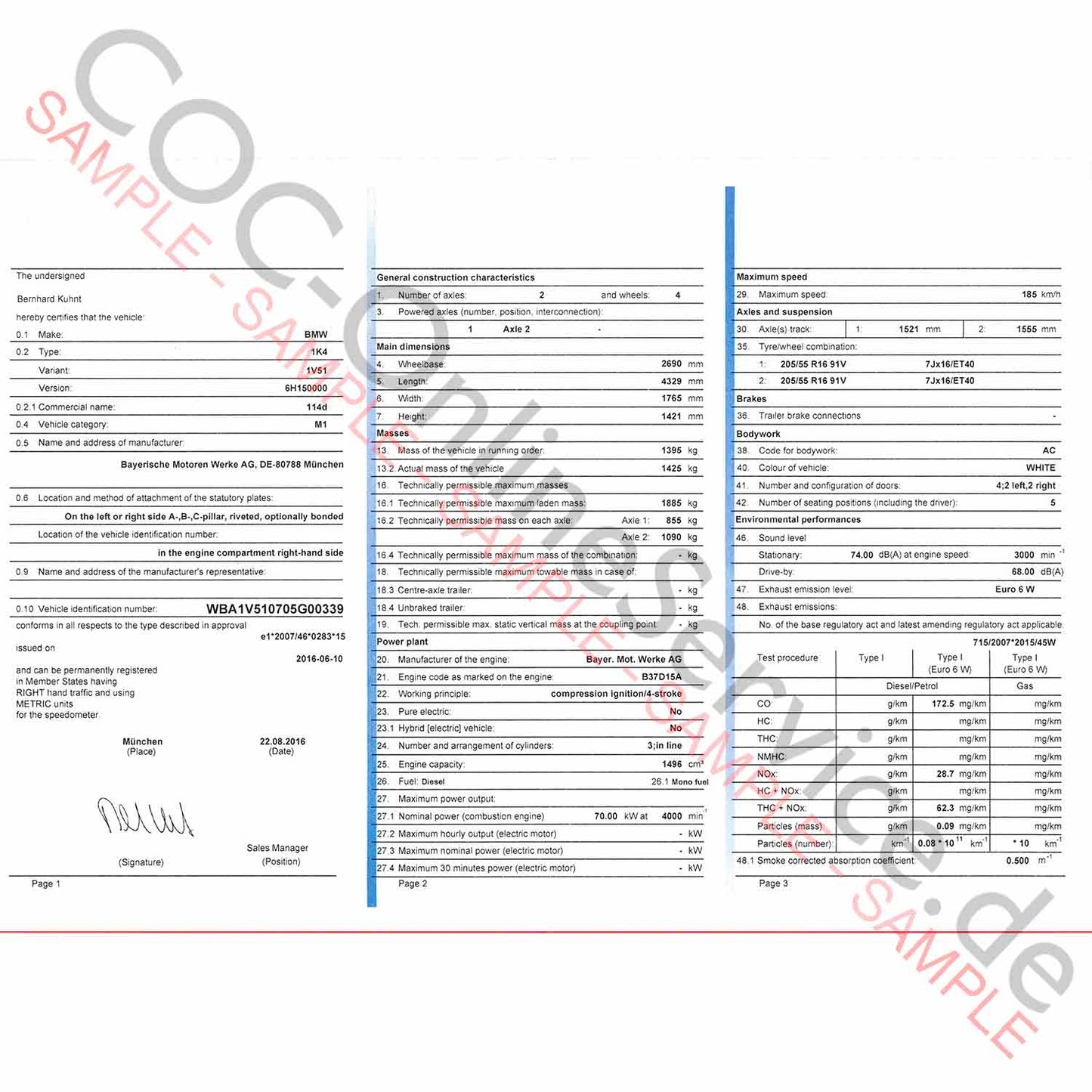 Documento COC per BMW (Certificato di conformità)