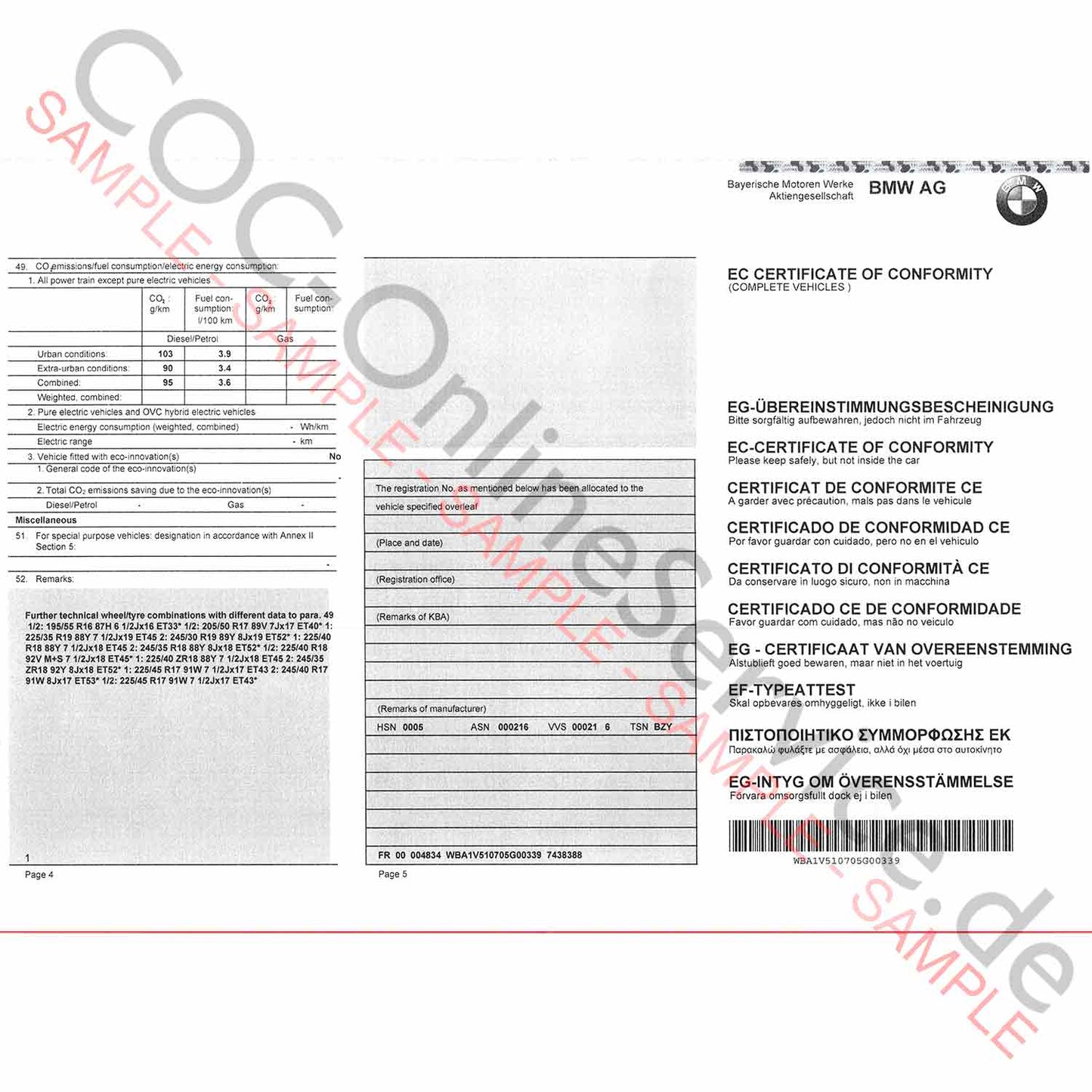 Documento COC per BMW (Certificato di conformità)