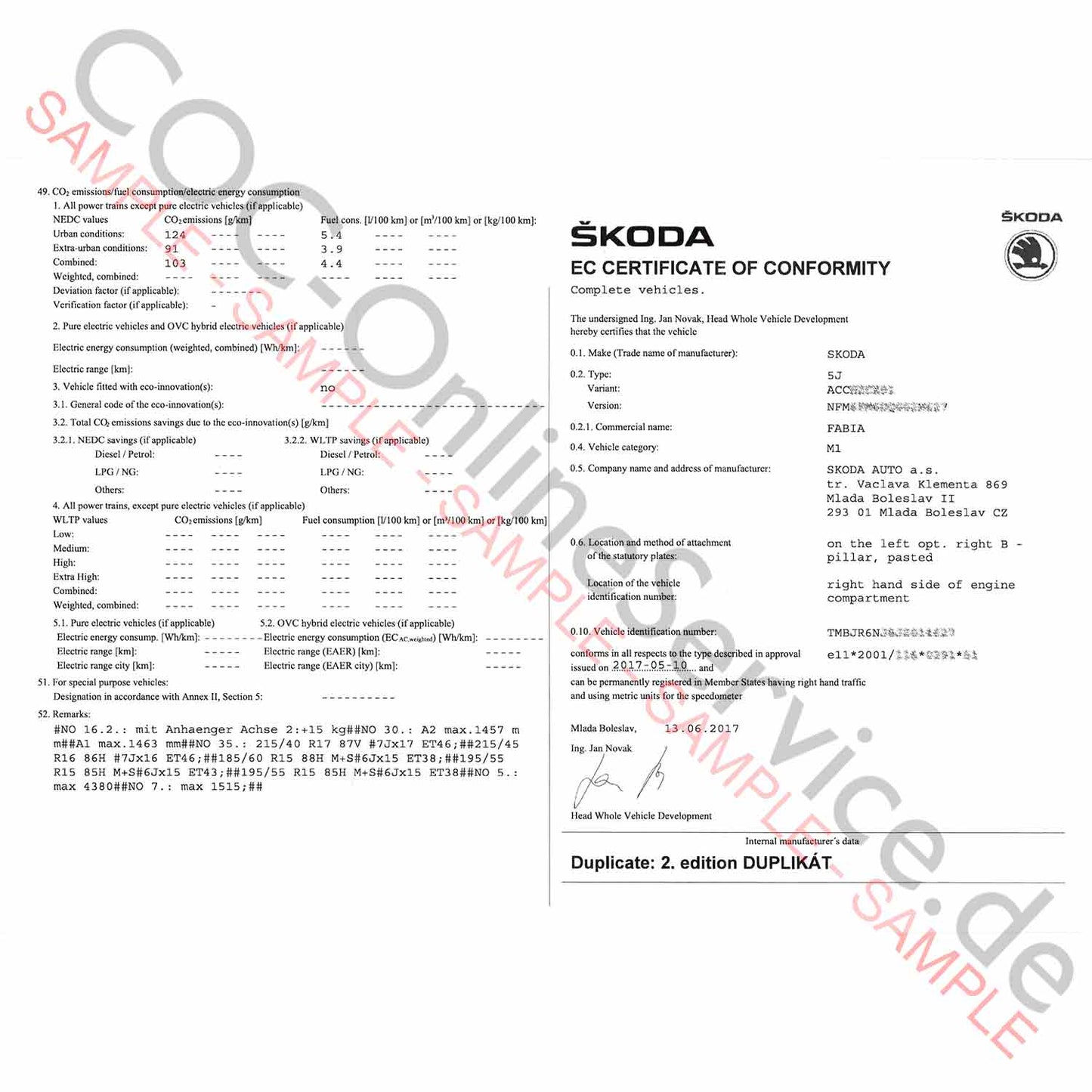 Documento COC per Skoda (Certificato di conformità)
